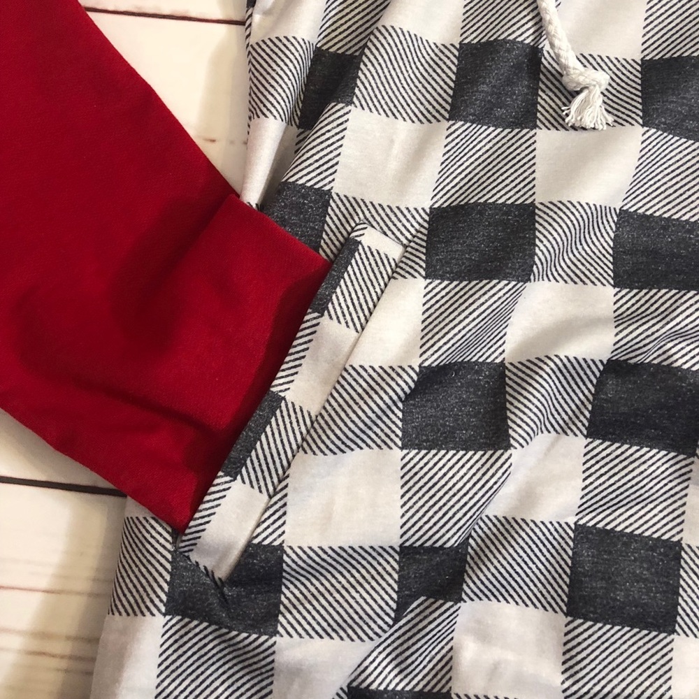 Black White Grey Red Plaid Double Hooded Hoodie - Picture 5 of 8